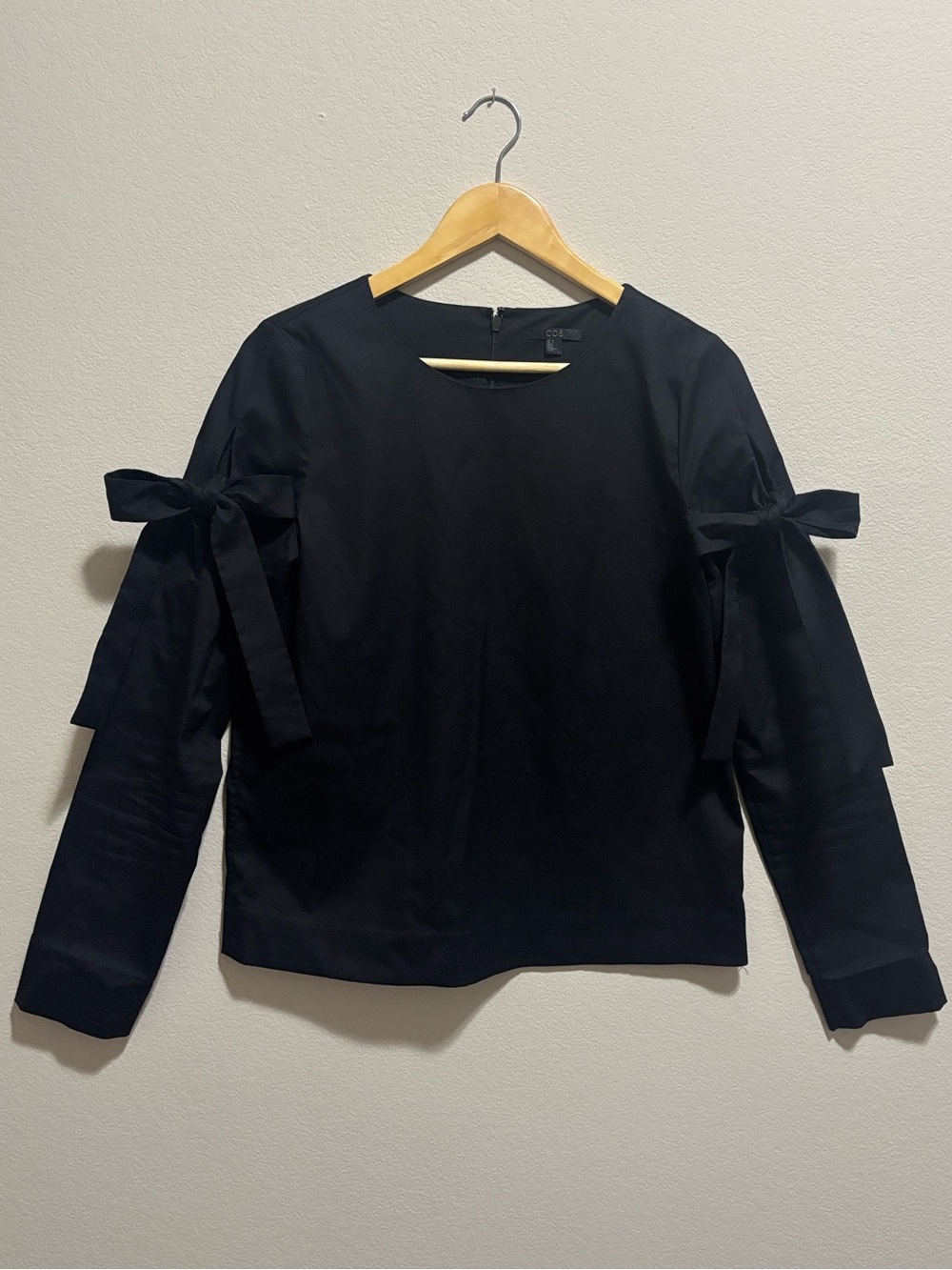 COS Black Long Sleeve Bow Shoulder Tie Boxy Fit Cotton Blouse NWOT Size 6